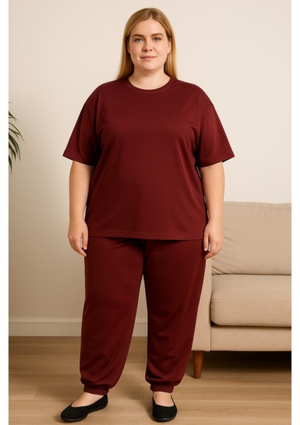 Kadın Büyük Beden Kısa Kollu Pijama Takımı Bordo