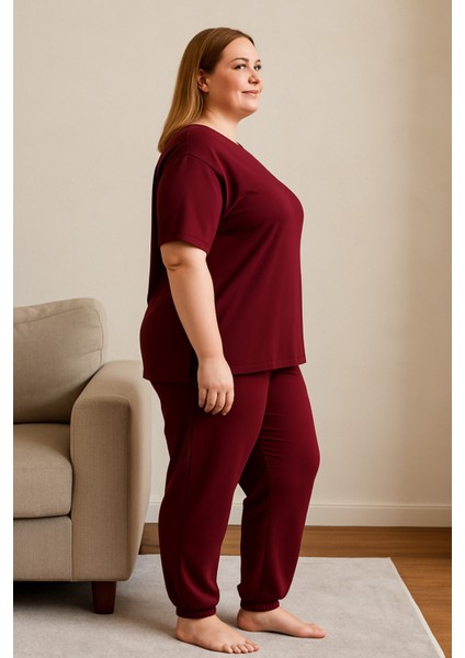 Kadın Büyük Beden Kısa Kollu Pijama Takımı Bordo fiyatları