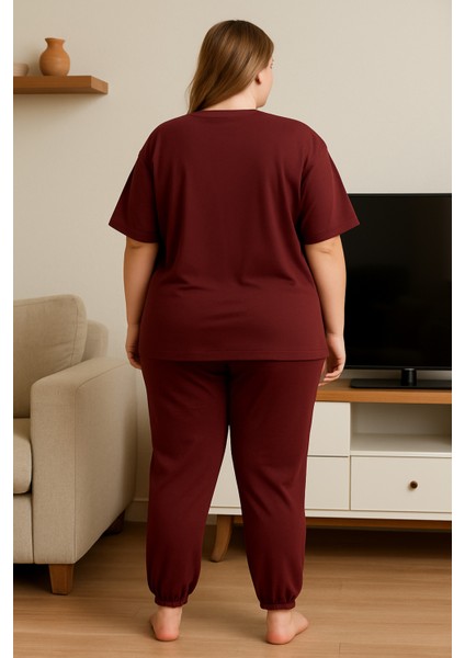 Kadın Büyük Beden Kısa Kollu Pijama Takımı Bordo modelleri