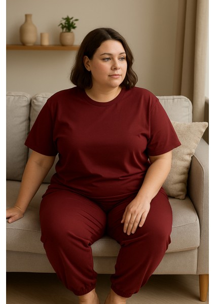 Kadın Büyük Beden Kısa Kollu Pijama Takımı Bordo fırsatları