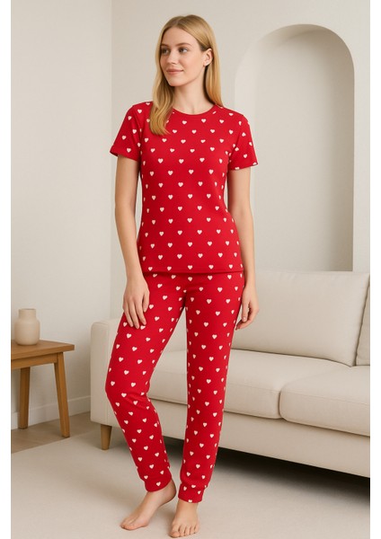 Kadın Kısa Kollu Pijama Takımı Kalp Baskılı