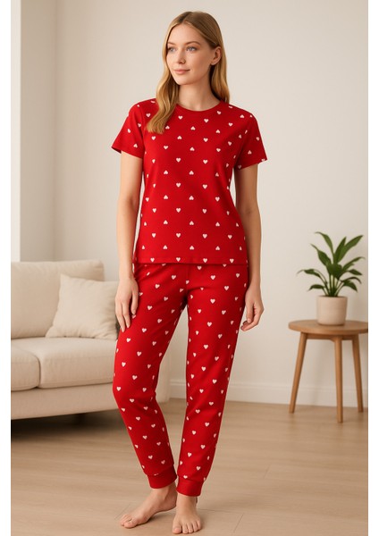 Kadın Kısa Kollu Pijama Takımı Kalp Baskılı modelleri