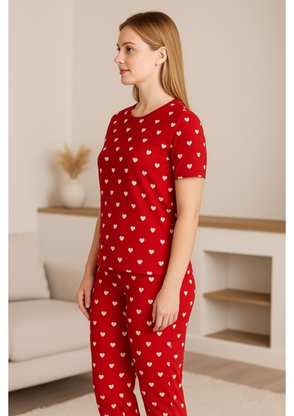 Kadın Kısa Kollu Pijama Takımı Kalp Baskılı fırsatları