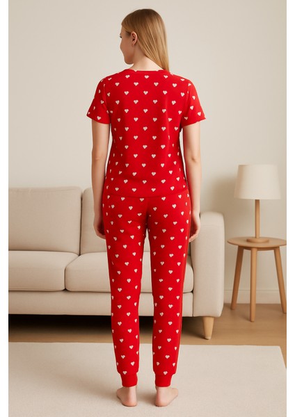 Kadın Kısa Kollu Pijama Takımı Kalp Baskılı indirimleri