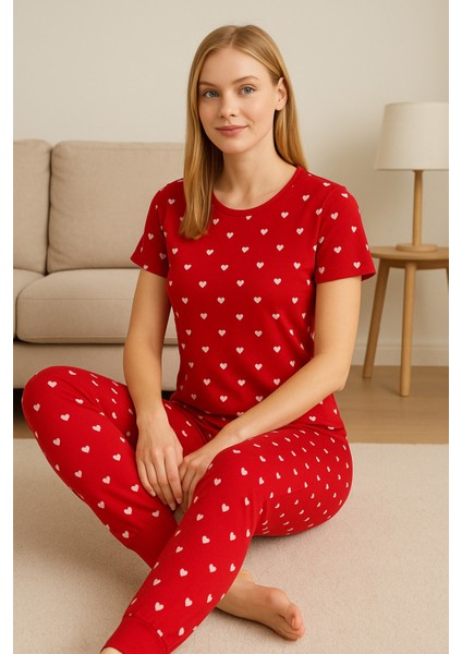 Kadın Kısa Kollu Pijama Takımı Kalp Baskılı