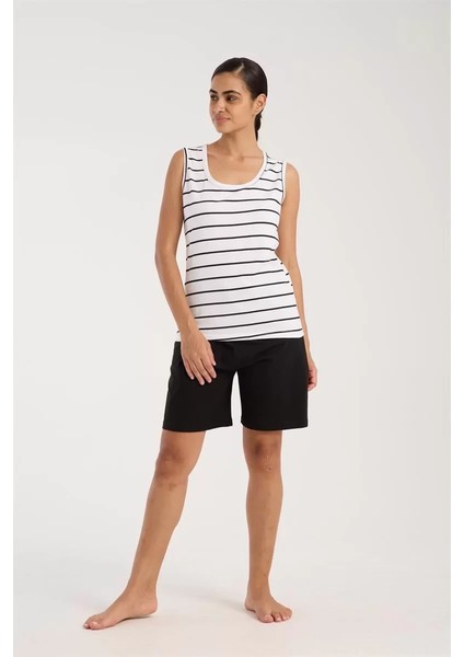 Kadın Kalın Askılı Beyaz Şortlu Pijama Takımı