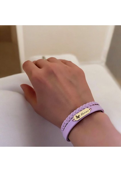 14 Ayar Plakalı Altın Merve Ismine Özel Kelebek Figürlü Açık Mor Derili Hediye BILEKLIK-655ISIM