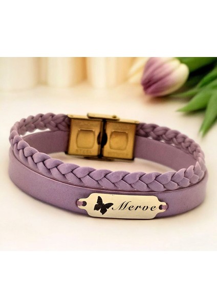 14 Ayar Plakalı Altın Merve Ismine Özel Kelebek Figürlü Açık Mor Derili Hediye BILEKLIK-655ISIM fiyatları