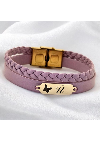 Altın Plakalı 14 Ayar Ü Harfine Özel Kelebek Figürlü Açık Mor Derili Hediye BILEKLIK-655HARF fiyatları