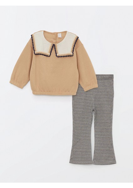 Lcw Kids Bej Bisiklet Yaka Uzun Kollu Baskılı Kız Çocuk Sweatshirt ve Tayt 2'li Takım modelleri