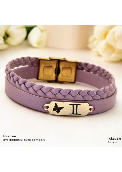 Altın Plakalı 14 Ayar Haziran Ayı Doğumlarına Açık Mor Derili Kelebek Figürlü Hediye BILEKLIK-655AY fiyatları