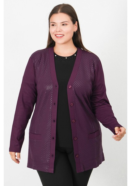 Merserize Deri Baskı Desenli Düğmeli Hırka