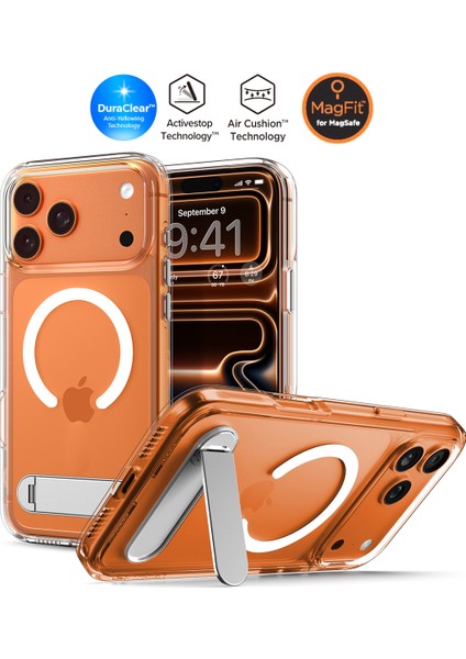 iPhone 17 Pro ile uyumlu ince Kılıf MagSafe Kılıf Ultra Hybrid S Metal Stand'lı Sararma Karşıtı DuraClear™ Hava Kanalı Teknolojisi™ Askeri Sınıf Koruma Clear White Şeffaf Kapak - ACS09946