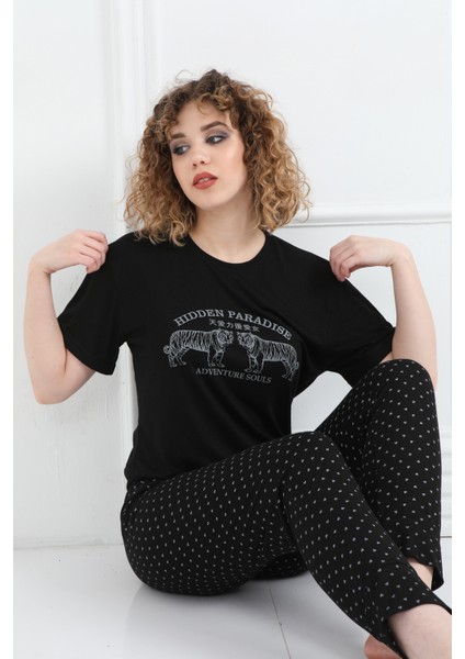 Kadın Pijama Takımı Baskılı Kalpli