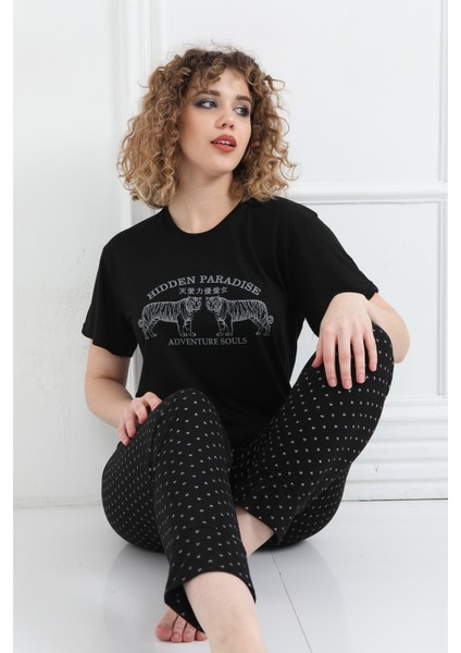 Kadın Pijama Takımı Baskılı Kalpli