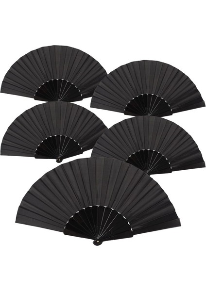 Siyah Kumaş Plastik El Yelpazesi, 5 Adet, El Tipi Katlanır