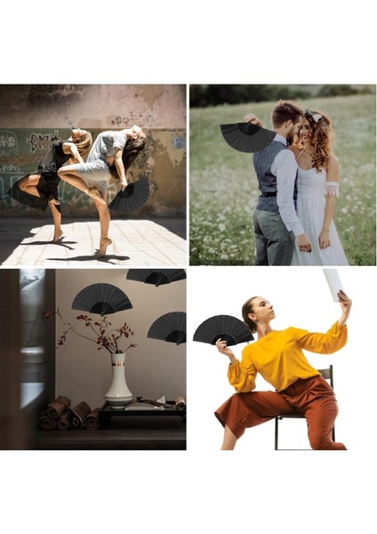 Siyah Kumaş Plastik El Yelpazesi, 5 Adet, El Tipi Katlanır