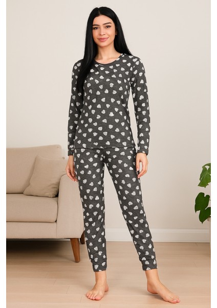 Kadın Pijama Takımı Silik Kalp Modelli Uzun Kollu fiyatları