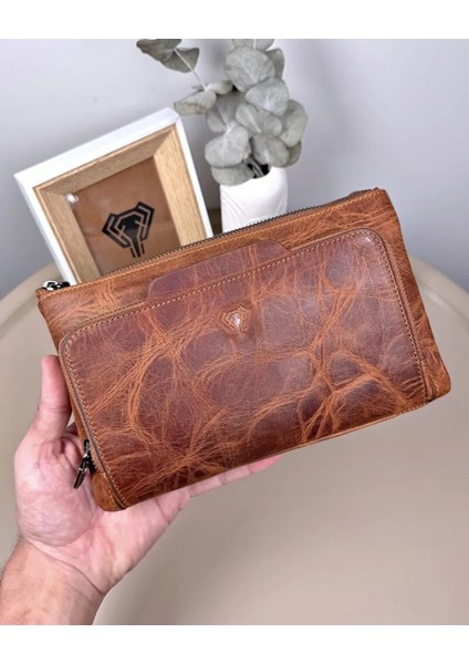 Hakiki Deri Tutma Bantlı Fermuarlı Erkek El Çantası 2113