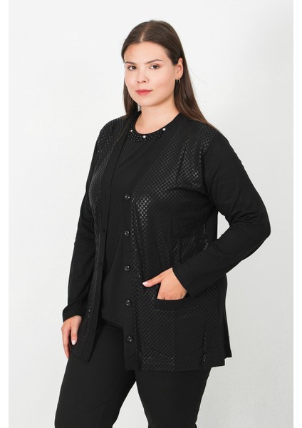 Merserize Deri Baskı Desenli Düğmeli Hırka