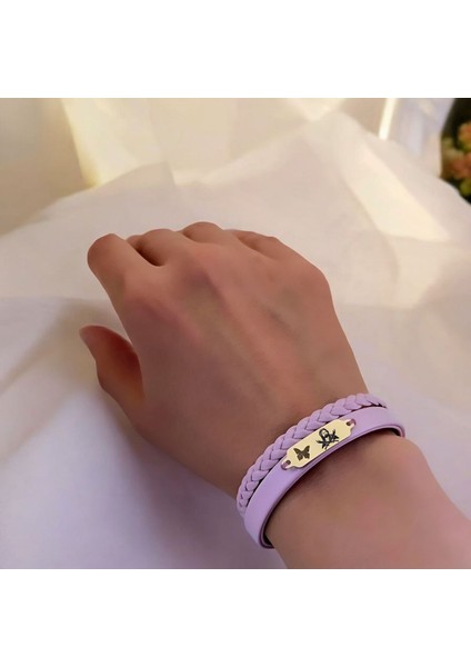 14 Ayar Plakalı Altın Hz Ali Temalı Kelebek Figürlü Açık Mor Derili Hediye BILEKLIK-655SEMBOL