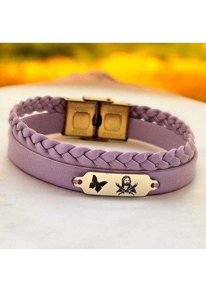 14 Ayar Plakalı Altın Hz Ali Temalı Kelebek Figürlü Açık Mor Derili Hediye BILEKLIK-655SEMBOL fiyatları