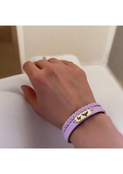 14 Ayar Altın Plakalı Kral Kartal Temalı Açık Mor Derili Kelebek Figürlü Hediye BILEKLIK-655SEMBOL