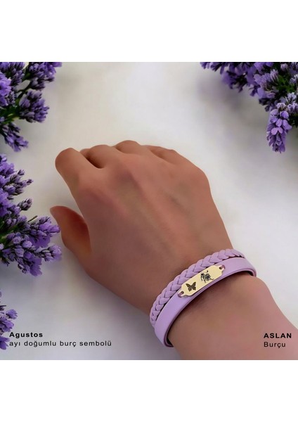 Altın Plakalı 14 Ayar Aslan Burçları Için Açık Mor Derili Kelebek Figürlü Hediye BILEKLIK-655BURÇ
