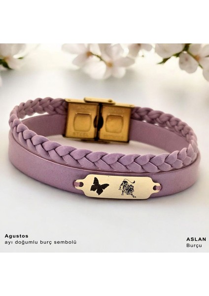 Altın Plakalı 14 Ayar Aslan Burçları Için Açık Mor Derili Kelebek Figürlü Hediye BILEKLIK-655BURÇ fiyatları