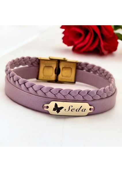 Altın Plakalı 14 Ayar Seda Ismine Özel Açık Mor Derili Kelebek Figürlü Hediye BILEKLIK-655ISIM fiyatları