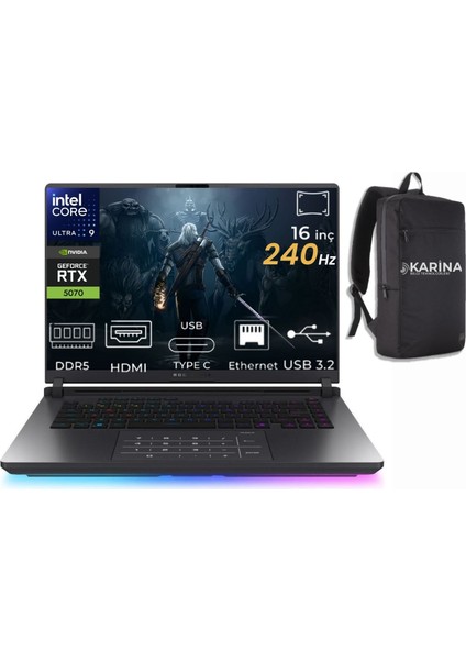 Rog Strix G16 Intel Core Ultra 9 275HX G615LP-S5115-19 32GB 2tb+2tb RTX5070 8gb Freedos 16" Wqxga 240Hz Taşınabilir Bilgisayar