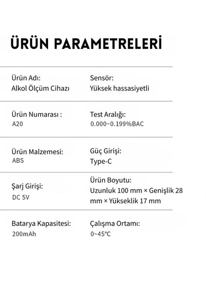 A20 Taşınabilir Alkol Test Cihazı Yüksek Hassasiyetli Alkol Ölçer Hd Ekran Temassız Şarjlı fiyatları