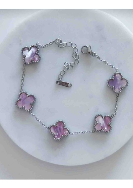 Silver Pembe Parlak Hologram Yansımalı Çoklu Yonca Bileklik