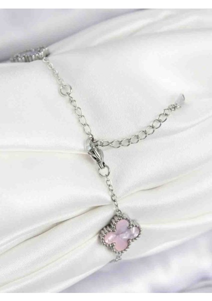 Silver Pembe Parlak Hologram Yansımalı Çoklu Yonca Bileklik modelleri