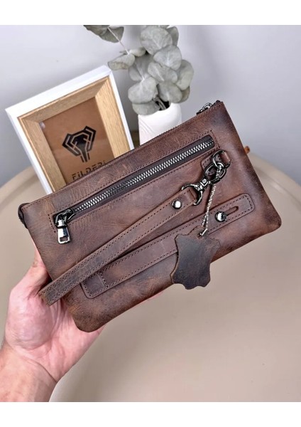 Hakiki Deri Tutma Bantlı Fermuarlı Erkek El Çantası 2113