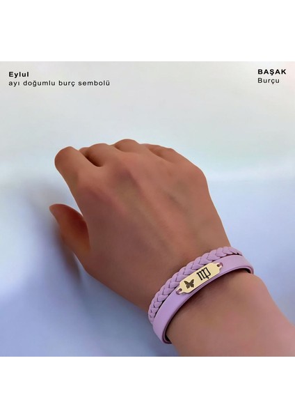 Altın Plakalı 14 Ayar Eylül Ayı Doğumlarına Açık Mor Derili Kelebek Figürlü Hediye BILEKLIK-655AY