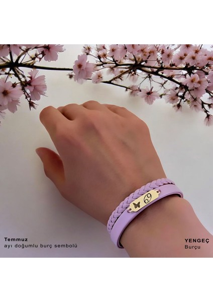 14 Ayar Altın Plakalı Temmuz Ayı Doğumlarına Kelebek Figürlü Açık Mor Derili Hediye BILEKLIK-655AY
