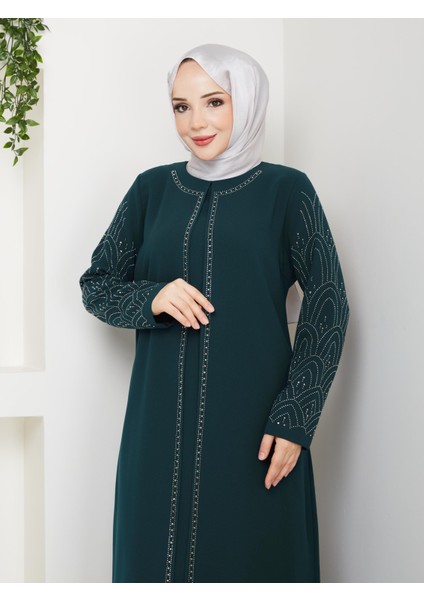 Kolları Taşlı Büyük Beden Anne Elbisesi
