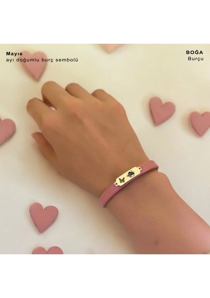 Altın Plakalı 14 Ayar Boğa Burçları Için Koyu Pembe Derili Kelebek Motifli Hediye BILEKLIK-654BURÇ