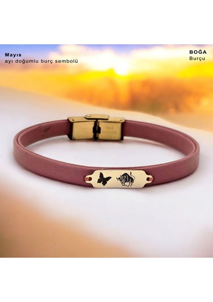 Altın Plakalı 14 Ayar Boğa Burçları Için Koyu Pembe Derili Kelebek Motifli Hediye BILEKLIK-654BURÇ fiyatları