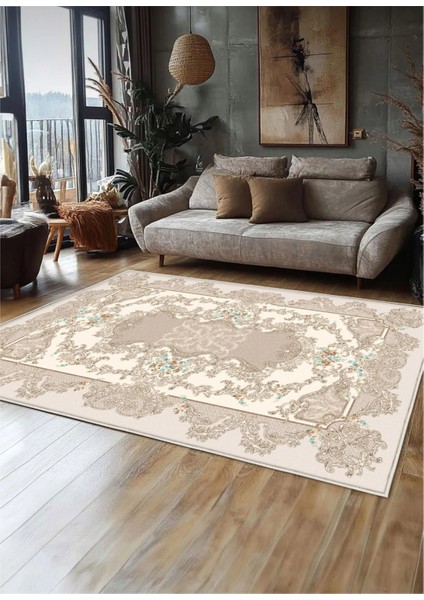 Krem Dijital Baskı Salon Halısı Kaymaz Tabanlı Yıkanabilir Halı Yolluk