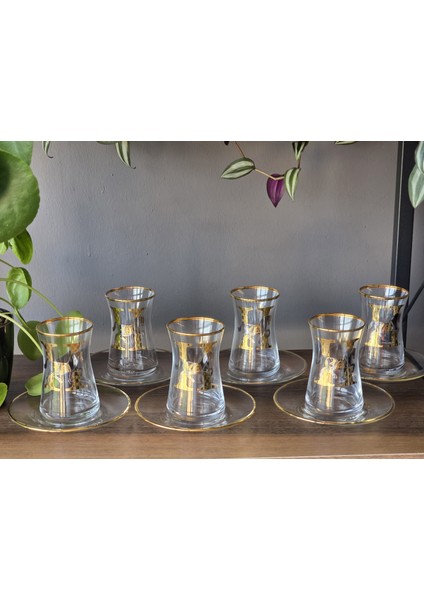 12 Parça 6 Kişilik 24K El Işçiliği - Gerçek Altın Işlemeli Çay Seti Horse Mix