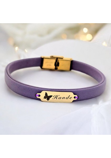 14 Ayar Plakalı Altın Hande Ismine Özel Doğal Mor Derili Kelebek Figürlü Hediye BILEKLIK-653ISIM fiyatları