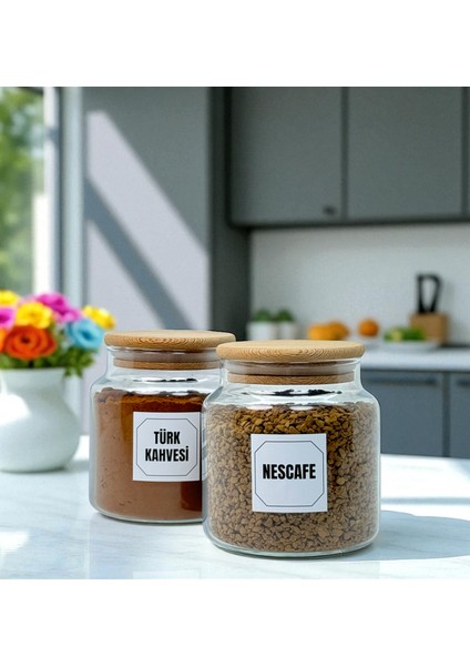 2'li Ahşap Vakum Kapaklı Cam Türk Kahvesi Hazır Kahve Saklama Kavanozu Seti 500 ml Etiket Hediyeli