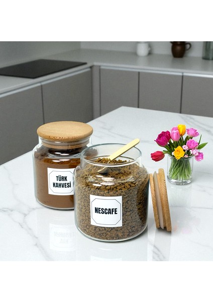 2'li Ahşap Vakum Kapaklı Cam Türk Kahvesi Hazır Kahve Saklama Kavanozu Seti 500 ml Etiket Hediyeli fiyatları