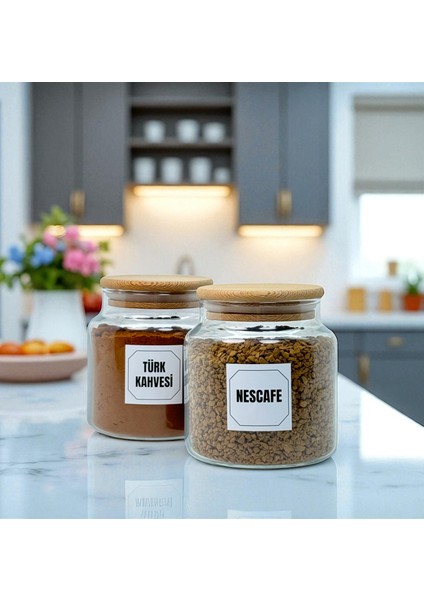 2'li Ahşap Vakum Kapaklı Cam Türk Kahvesi Hazır Kahve Saklama Kavanozu Seti 500 ml Etiket Hediyeli modelleri