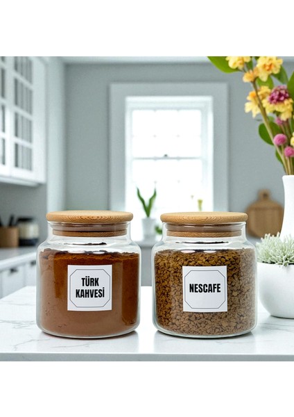 2'li Ahşap Vakum Kapaklı Cam Türk Kahvesi Hazır Kahve Saklama Kavanozu Seti 500 ml Etiket Hediyeli fırsatları