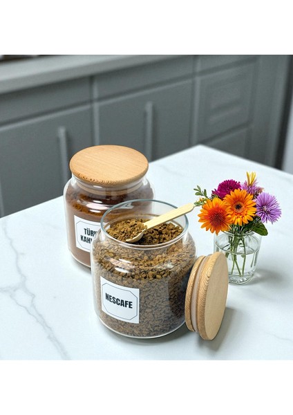 2'li Ahşap Vakum Kapaklı Cam Türk Kahvesi Hazır Kahve Saklama Kavanozu Seti 500 ml Etiket Hediyeli indirimleri