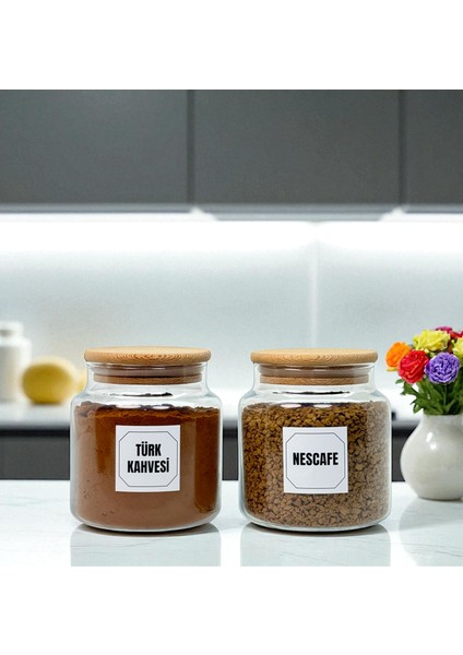 2'li Ahşap Vakum Kapaklı Cam Türk Kahvesi Hazır Kahve Saklama Kavanozu Seti 500 ml Etiket Hediyeli
