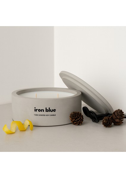 Dekoratif El Yapımı Yatay Mum : Çift Fitilli : Kokulu Soya Mum : Iron Blue